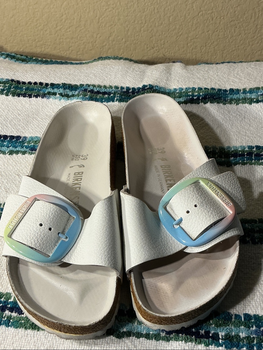 Birkenstock WOMENS White Slides with Pastel Rainbow Buckles